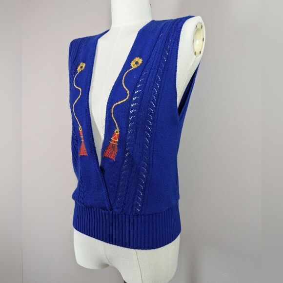 Vintage Blue Acrylic Vest Embroidered Tassels Size 6 Retro - Picture 8 of 9